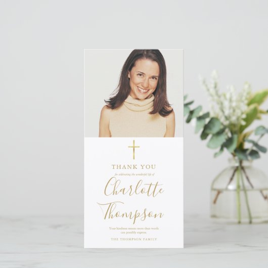 Carte De Remerciements Memorial Funeral Elegant Gold Cross Simple Photo (Debout devant)