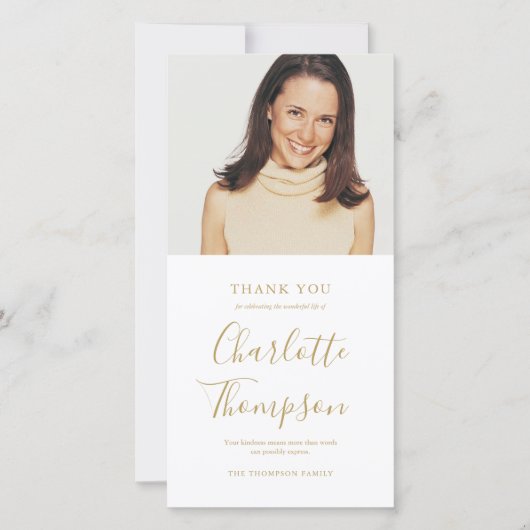 Carte De Remerciements Memorial Funeral Elegant Gold Script Photo (Devant)