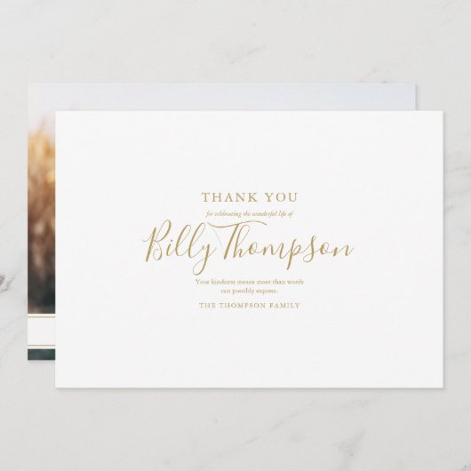 Carte De Remerciements Memorial Funeral Photo Simple Elegant Gold Script (Devant / Derrière)