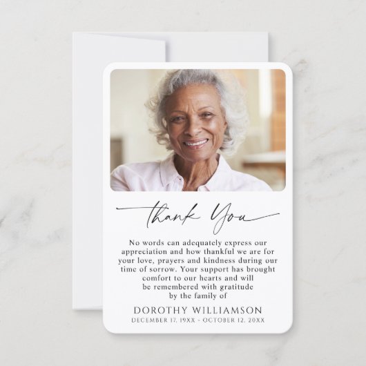 Carte De Remerciements Memorial Photo Elegant Script (Devant)
