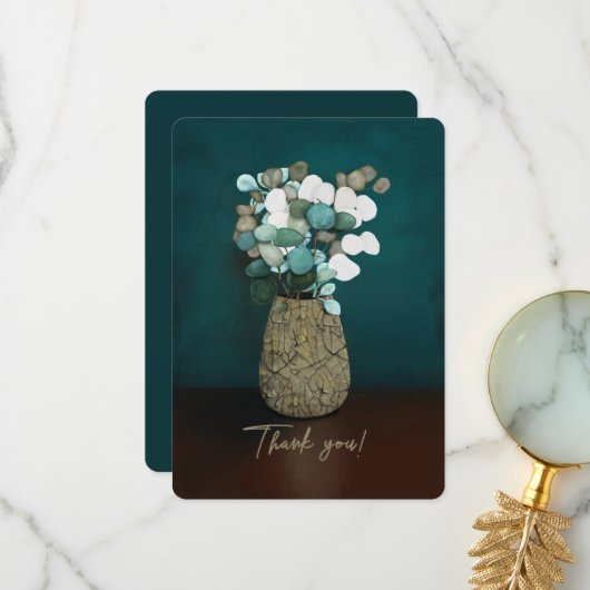 Carte De Remerciements Merci! Fleurs en Dollar D'Argent De Vase Crackées (Devant/Arrière en situation)