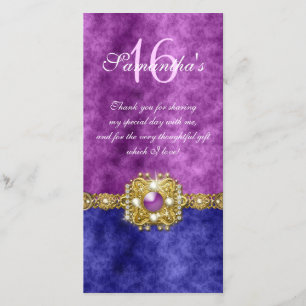 Carte De Remerciements "merci" "sweet sixteen" perles bleu violet