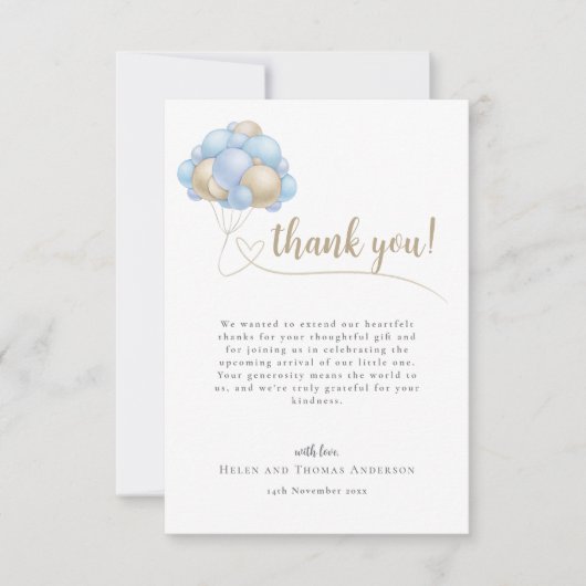 Carte De Remerciements Message mignon Baby shower Bleu Ballons (Devant)