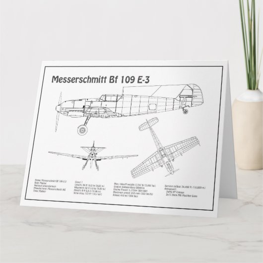Carte De Remerciements Messerschmitt Bf 109 - Plan d'avion BD (Devant)