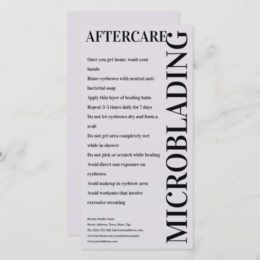 Carte De Remerciements Microblading Aftercare Light Lavender Instruction (Devant / Derrière)