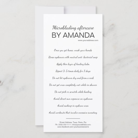 Carte De Remerciements Microblading Aftercare Simple instruction blanche (Devant)