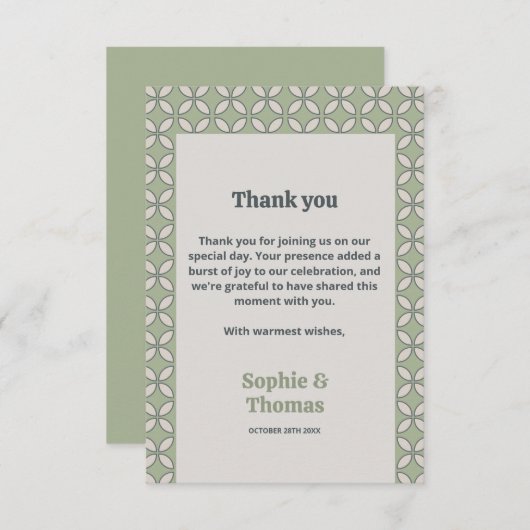 Carte De Remerciements Mid Century Mod Retro Mariage Olive Green (Devant / Derrière)