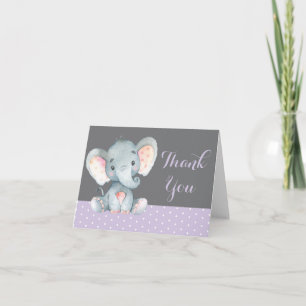Carte De Remerciements Mignon Éléphant Bébé Fille Violet et Gris