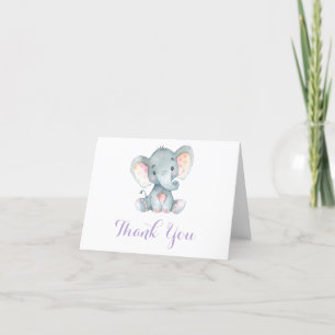 Carte De Remerciements Mignon Éléphant Bébé Fille Violet et Gris