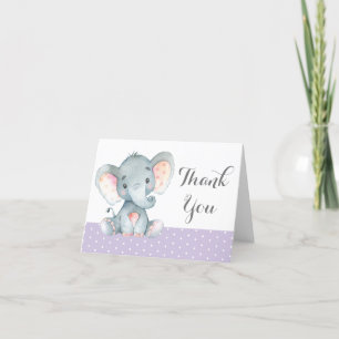 Carte De Remerciements Mignon Éléphant Bébé Fille Violet et Gris