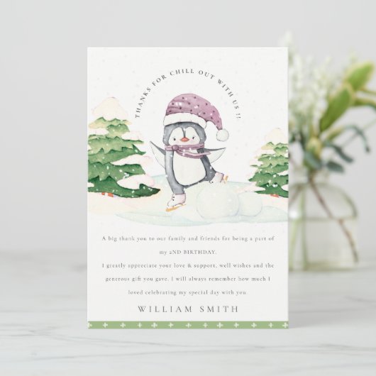 Carte De Remerciements Mignon Manchot d'Hiver Vert Anniversaire Enfants T (Debout devant)