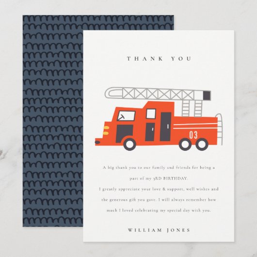 Carte De Remerciements Mignon Moteur de Camion de Pompiers Rouge Enfants  (Devant / Derrière)