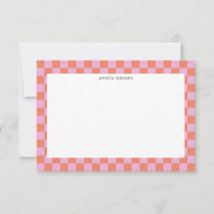 Carte De Remerciements Mignon Vérificateur Carreaux Rose Corail Géométriq