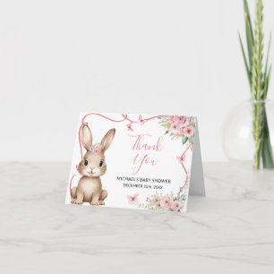 Carte De Remerciements Mignonne Baby Shower Fille Lapin Rose Floral Plié