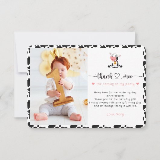 Carte De Remerciements Mignonne Fille de Vache Funny Bébé rose Premier an (Devant)