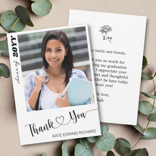 Carte De Remerciements Miniature Chic Photo Élégant Script Heart Graduate