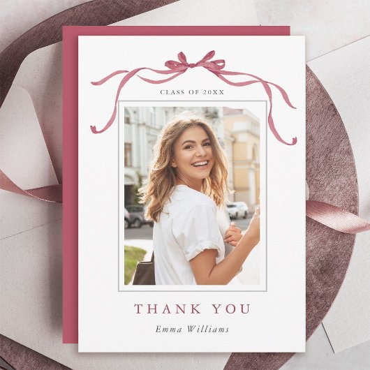 Carte De Remerciements Minimal Deep Blush Bow Graduation Photo
