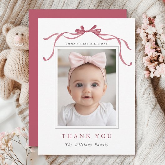 Carte De Remerciements Minimal Deep Blush Pink Bow Birthday Photo