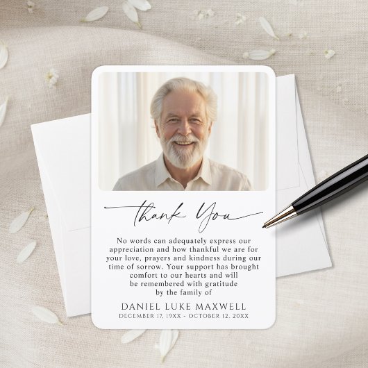 Carte De Remerciements Minimal Funeral Memorial Photo Script Thank You