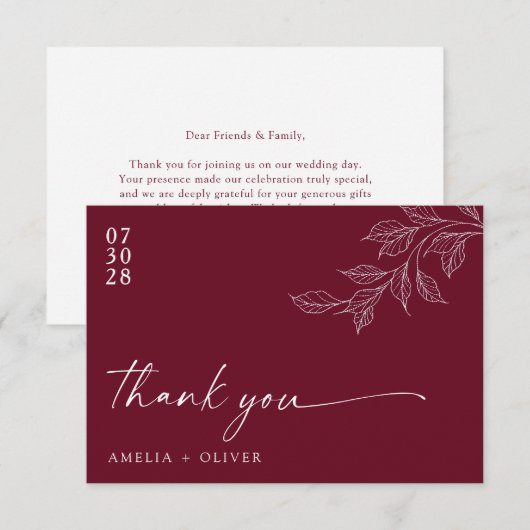 Carte De Remerciements Minimalist Script Burgundy Botanical Wedding (Devant / Derrière)