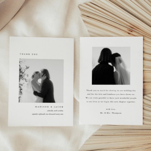 Carte De Remerciements Minimalistic 2-Photo Black & White Wedding Custom