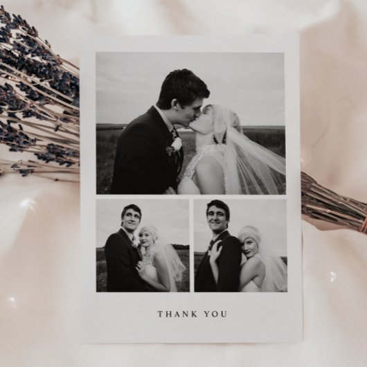 Carte De Remerciements Minimalistic 3-Photo Wedding Black & White