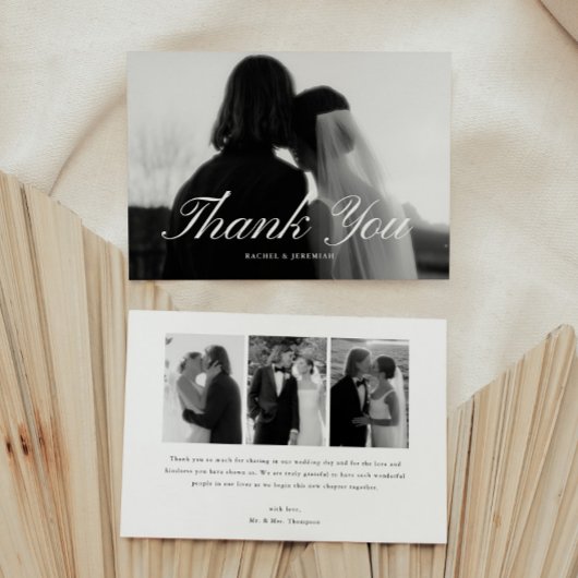 Carte De Remerciements Minimalistic Script 4-Photo Black & White Wedding