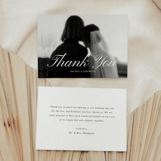 Carte De Remerciements Minimalistic Script Black & White Wedding Photo