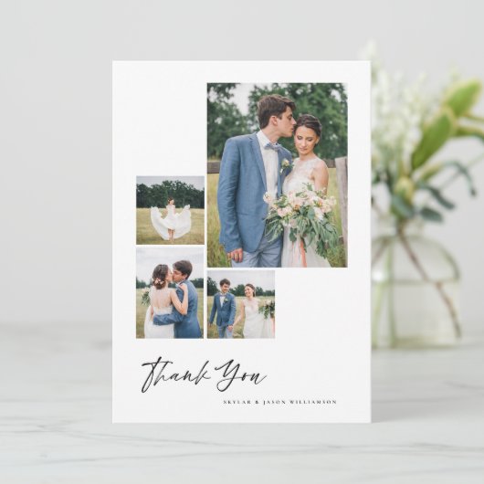 Carte De Remerciements Minimum 4 photo Collage blanc Mariage de script de (Debout devant)