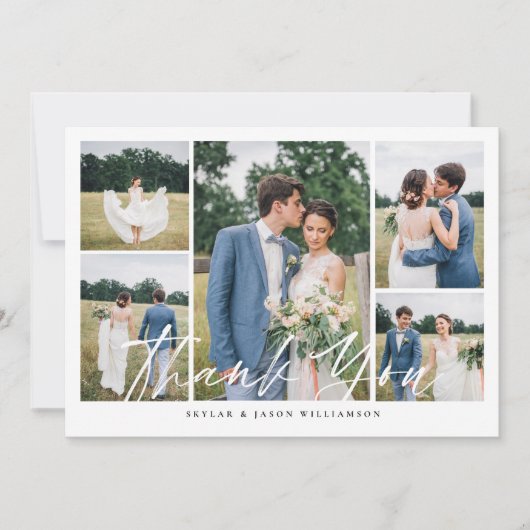 Carte De Remerciements Minimum 5 photo Collage blanc Mariage de script de (Devant)