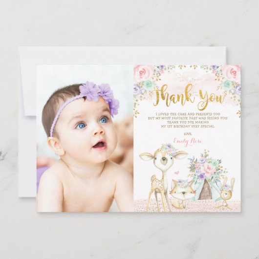 Carte De Remerciements Mint rose Purple Gold Floral Woodland Anniversaire (Devant)