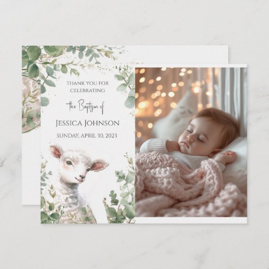 Carte De Remerciements Minuscule agneau de bébé et baptême d'Eucalyptus (Devant / Derrière)