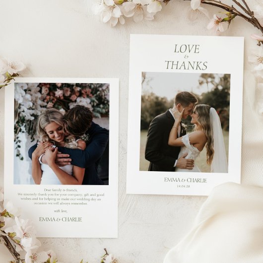 Carte De Remerciements Modern 2 Photo Love & Thanks Script Wedding