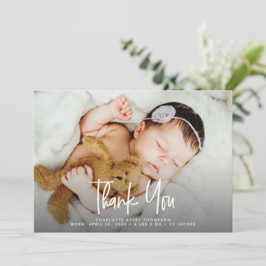 Carte De Remerciements Modern Baby Newborn Girl Custom birth annoucement (Debout devant)