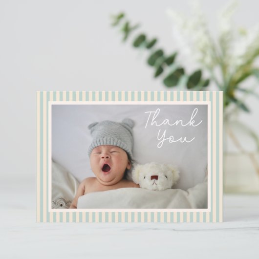 Carte De Remerciements Modern Blue Stripes Two Photo Baby Shower Message (Debout devant)