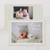 Carte De Remerciements Modern Blue Stripes Two Photo Baby Shower Message (Devant / Derrière)