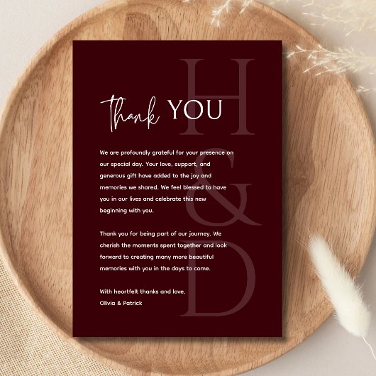 Carte De Remerciements Modern Burgundy Monogram Minimalist Wedding