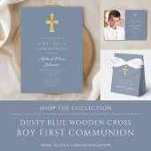 Carte De Remerciements Modern Dusty Blue Religious Boy First Communion