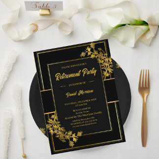 Carte De Remerciements Modern Elegant Floral Gold Black Retirement Party