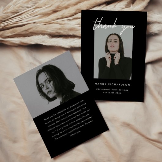 Carte De Remerciements Modern Elegant Script 2-Photo Graduation Party