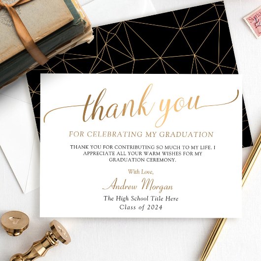 Carte De Remerciements Modern Gold Script Black & White Graduation