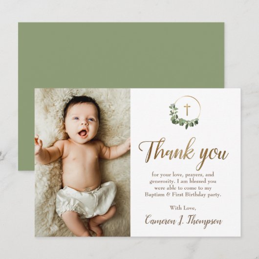 Carte De Remerciements Modern Green Gold Cross baptism 1st birthday photo (Devant / Derrière)