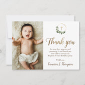Carte De Remerciements Modern Green Gold Cross baptism 1st birthday photo (Devant)
