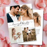 Carte De Remerciements Modern Love and Thanks Script Collage Mariage<br><div class="desc">Écrit "Amour et Merci" dans un script, élégant et moderne Photo Collage Mariage Carte de remerciements. Modèle élégant avec trois (3) photos sur le devant et une (1) photo sur le dos. Avec un texte "Amour et Merci" dans une main tourbillonnant lettrage calligraphie ou typographie script swash tail police en...</div>