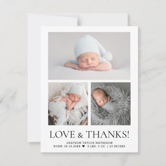 Carte De Remerciements Modern Love & Thanks Baby Photo Grid Birth Stat (Devant)