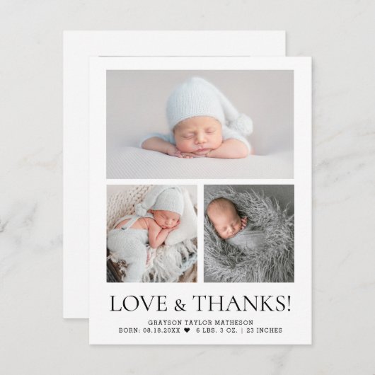 Carte De Remerciements Modern Love & Thanks Baby Photo Grid Birth Stat (Devant / Derrière)