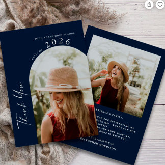 Carte De Remerciements Modern Minimal 2 Photo Script Navy Blue Graduation