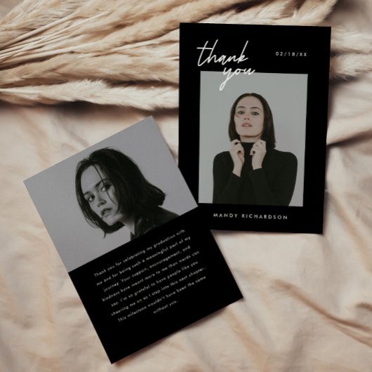 Carte De Remerciements Modern Minimal Script 2-Photo Graduation Party