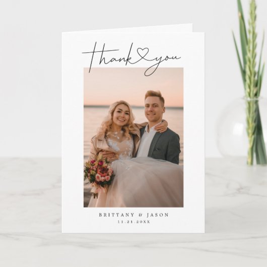 Carte De Remerciements Modern Minimalist Script Heart Wedding Photo (Devant)