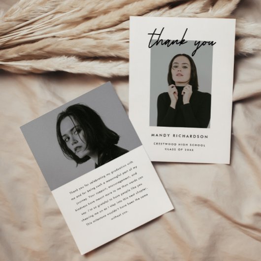 Carte De Remerciements Modern Minimalistic Script 2-Photo Graduation